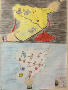 Zwei Bilder, die von syrischen Flüchtlingskindern gemalt wurden. Ob ein zerrissenes Land im Krieg, unten werden Brücken gebaut.