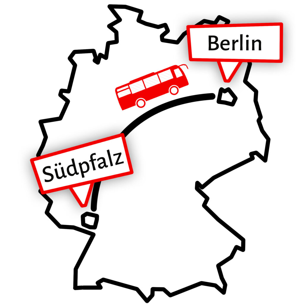 Grafik die eine Busfahrt durch Deutschland von der Südpfalz nach Berlin zeigt.